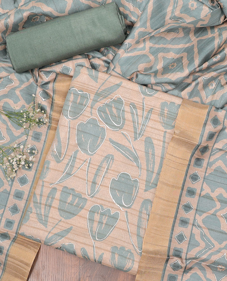 Green chudidhar material set, floral printed & embroidered top, plain bottom & geometric printed dupatta