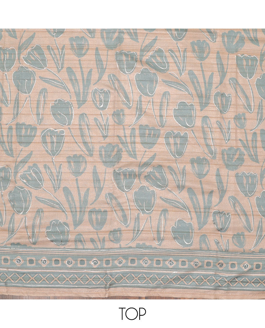 Green chudidhar material set, floral printed & embroidered top, plain bottom & geometric printed dupatta