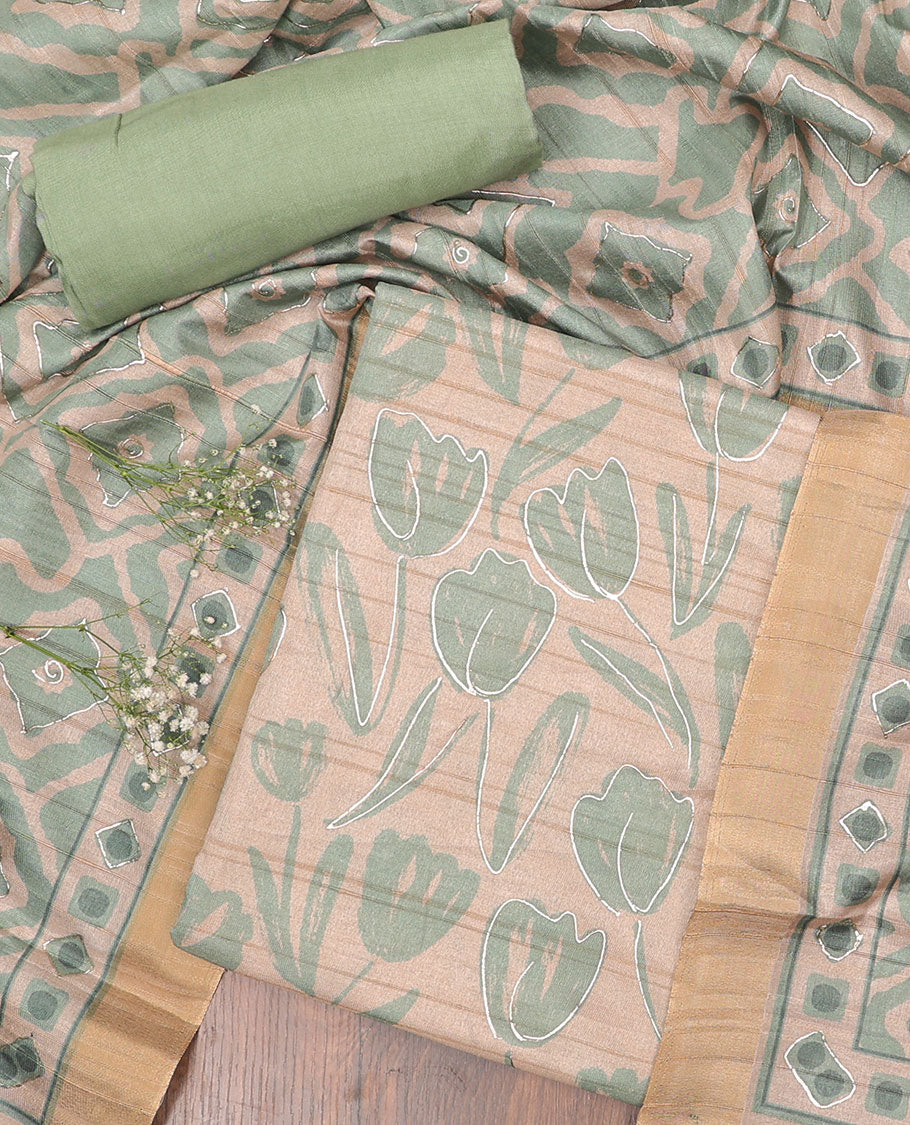 Green chudidhar material set, floral printed & embroidered top, plain bottom & geometric printed dupatta