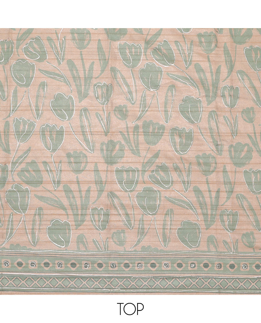 Green chudidhar material set, floral printed & embroidered top, plain bottom & geometric printed dupatta