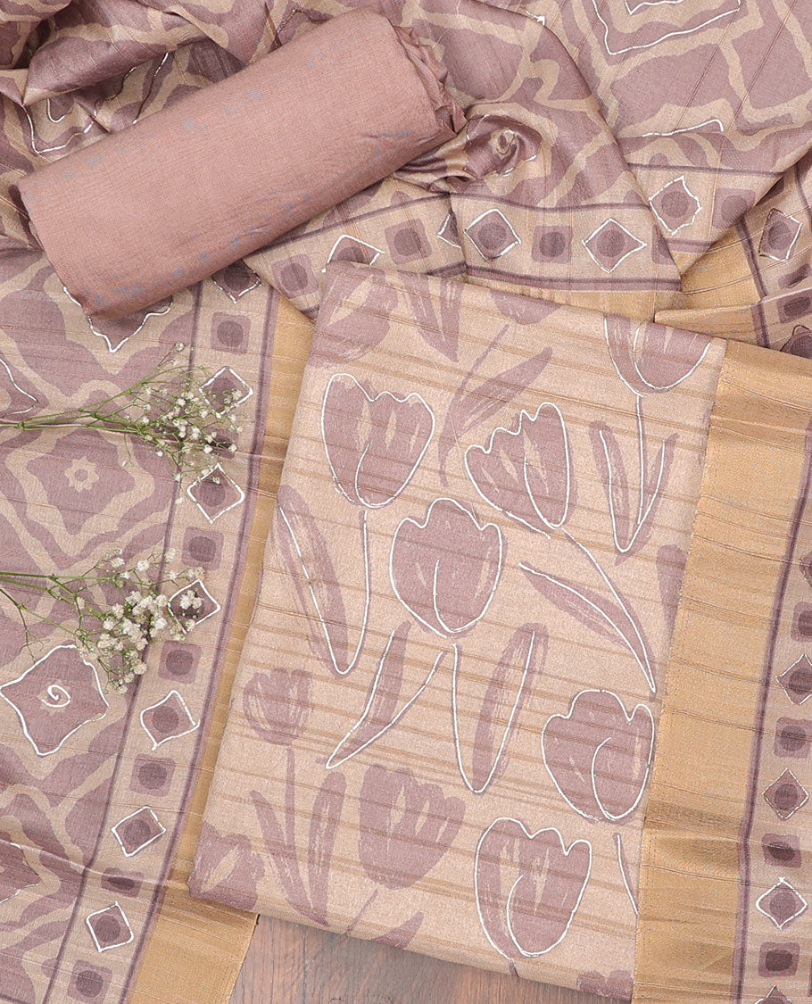 Pink chudidhar material set, floral printed & embroidered top, plain bottom & geometric printed dupatta