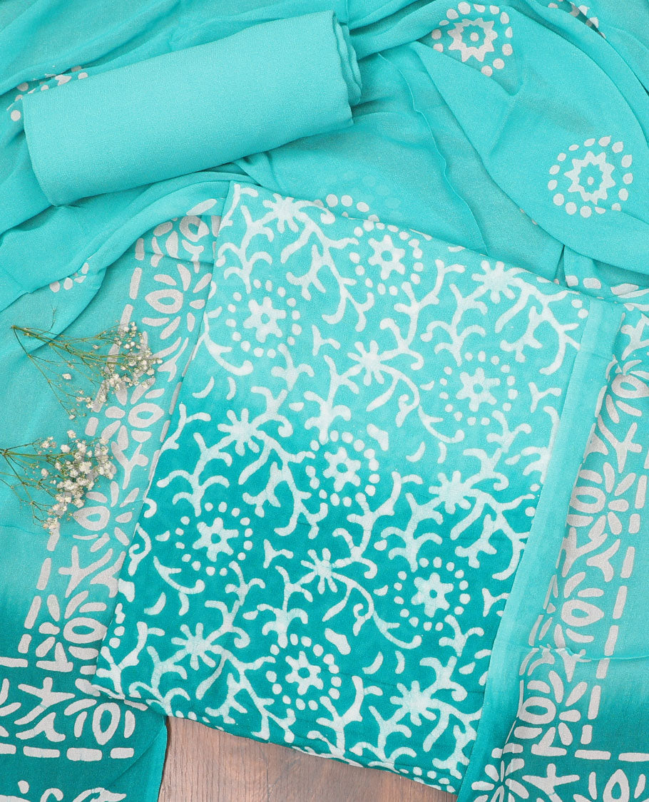Turquoise chudidhar material set, unique batik printed top, plain bottom & batik printed dupatta