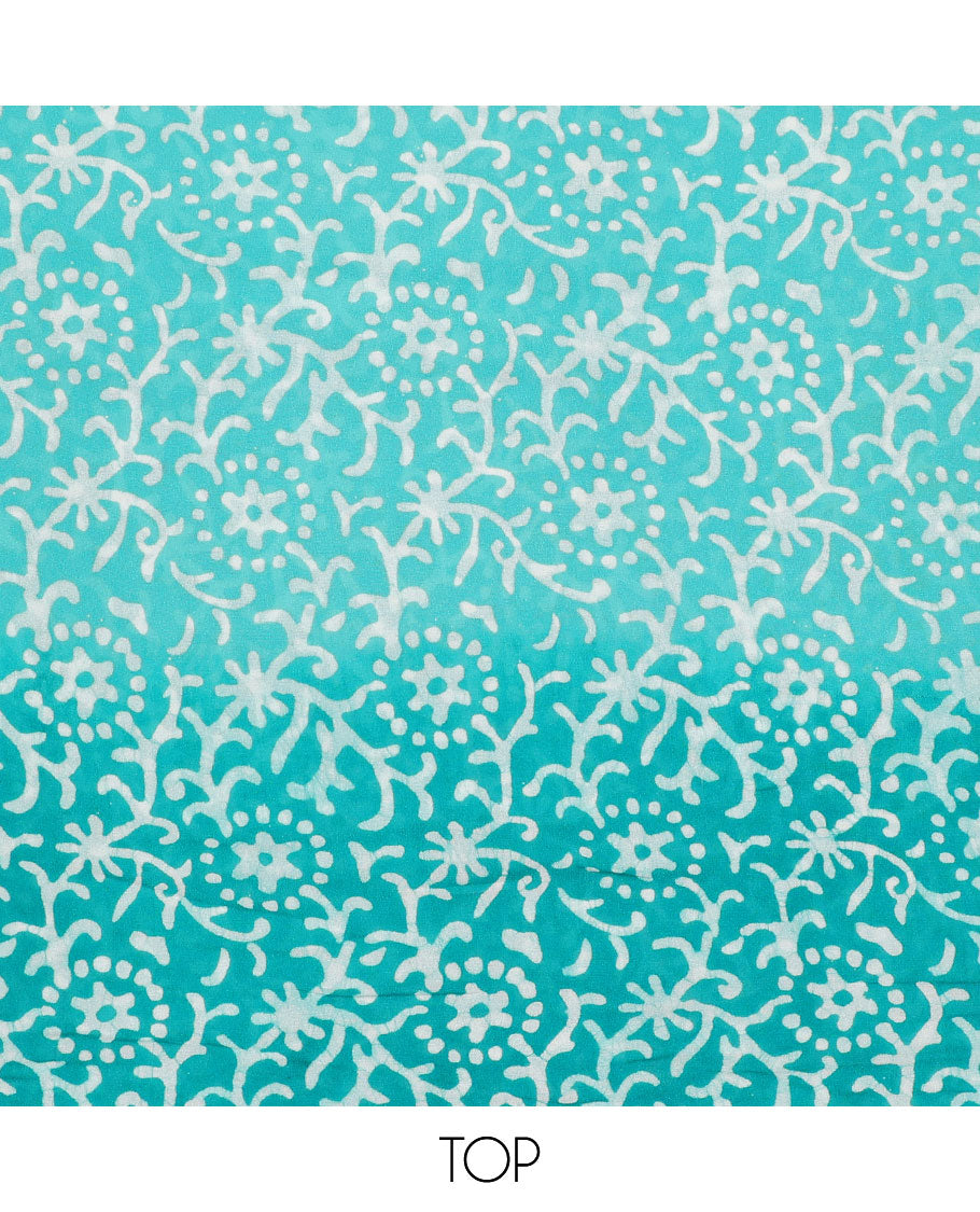 Turquoise chudidhar material set, unique batik printed top, plain bottom & batik printed dupatta