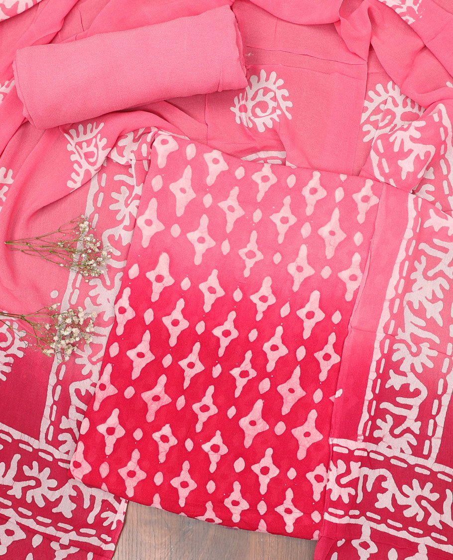 Pink chudidhar material set, unique batik printed top, plain bottom & batik printed dupatta