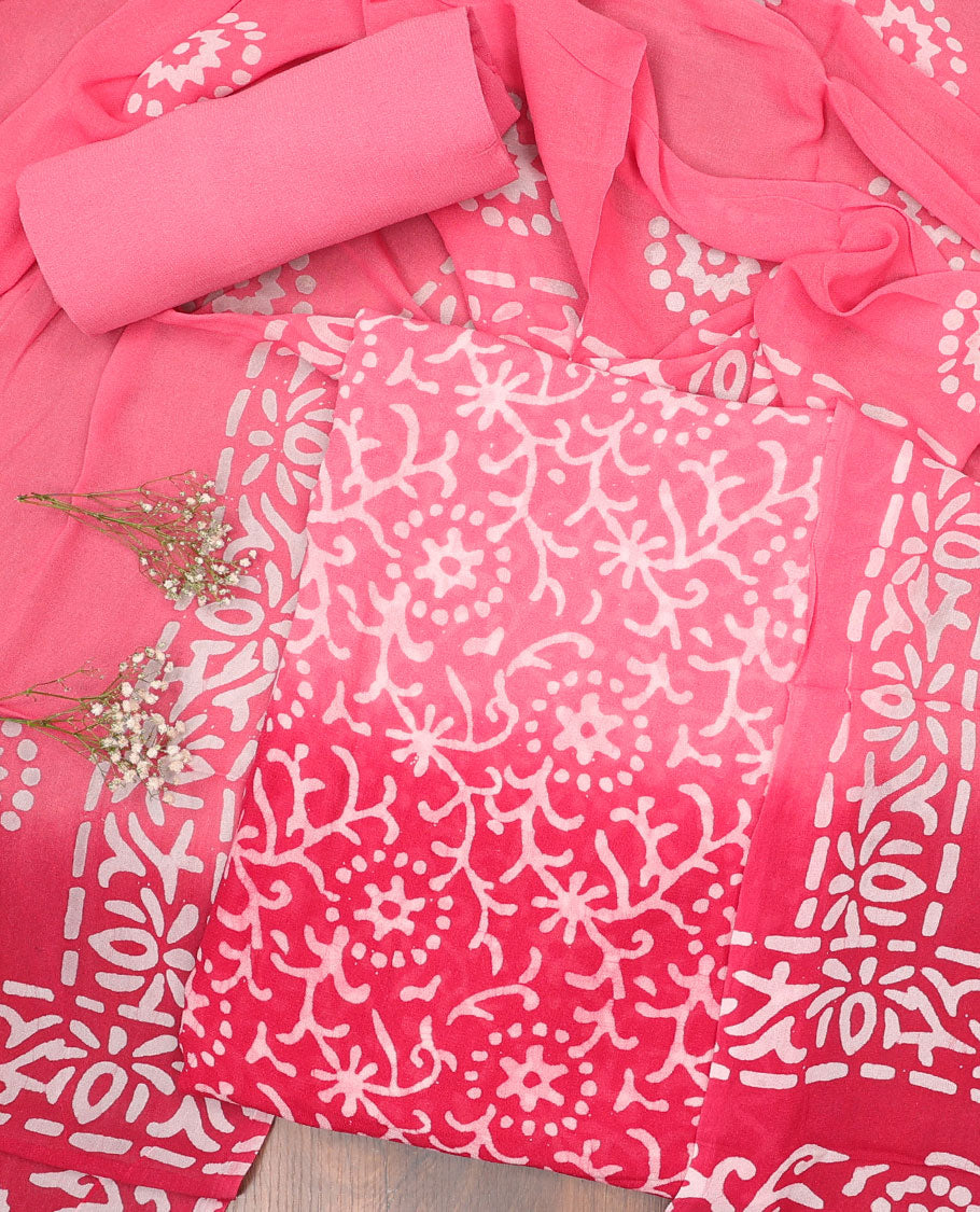 Pink chudidhar material set, batik floral printed top, plain bottom & batik printed dupatta