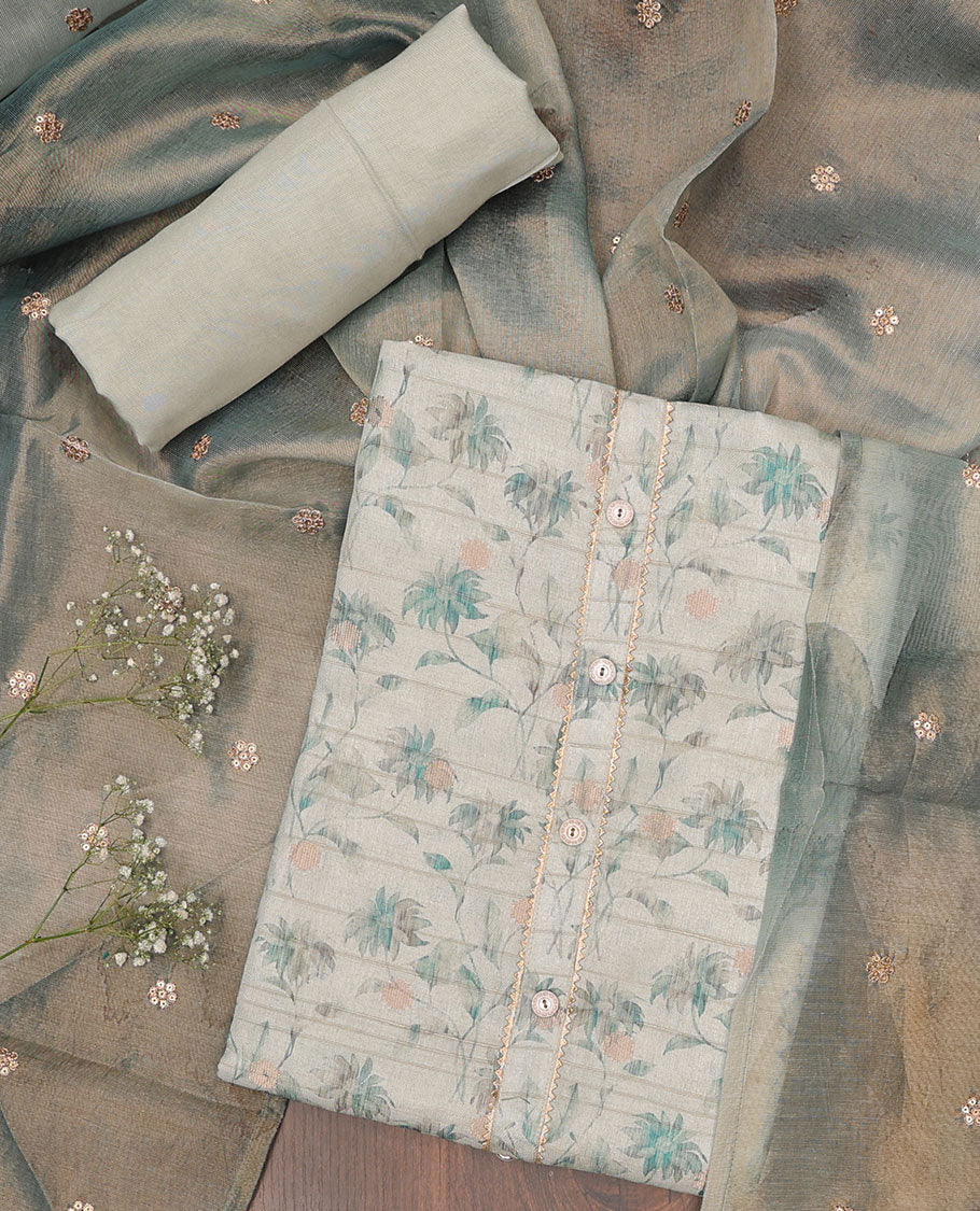 Blue chudidhar material set, floral vine printed tissue top, plain bottom & sequins embroidered dupatta
