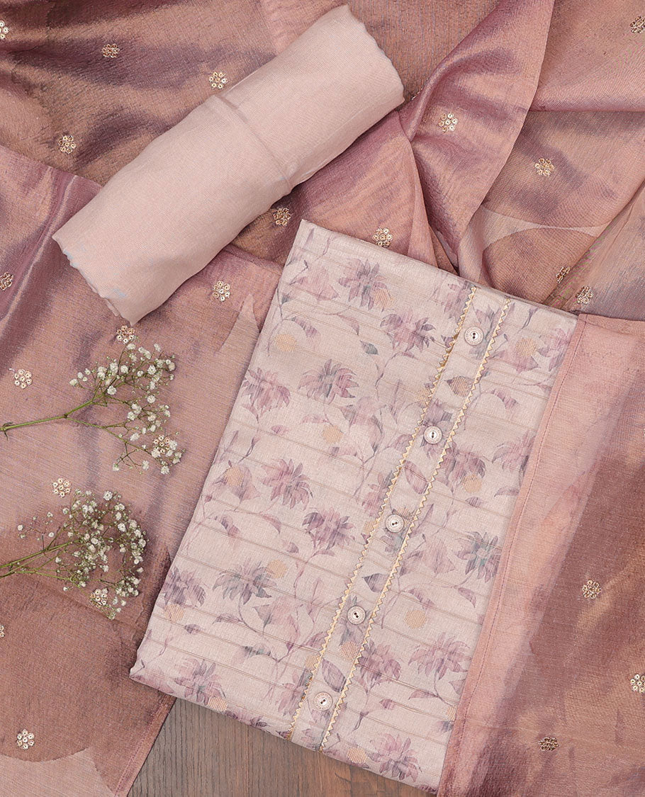 Pale purple chudidhar material set, floral vine printed tissue top, plain bottom & sequins embroidered dupatta