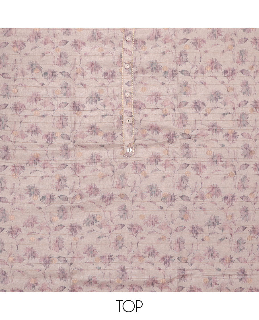 Pale purple chudidhar material set, floral vine printed tissue top, plain bottom & sequins embroidered dupatta