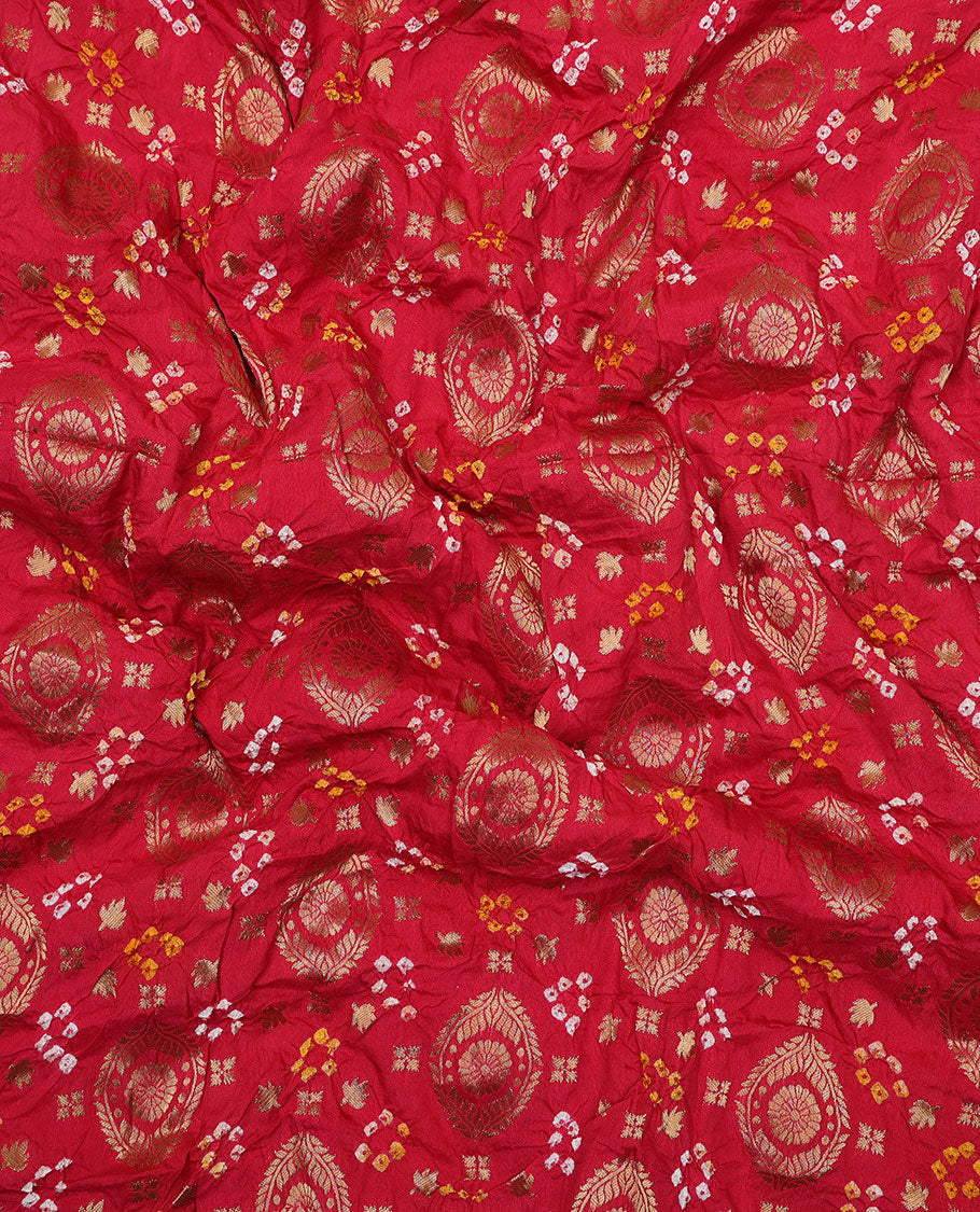 Red bandhani saree with zari buttas & bandhani dots, traditional design border & pallu of floral designs