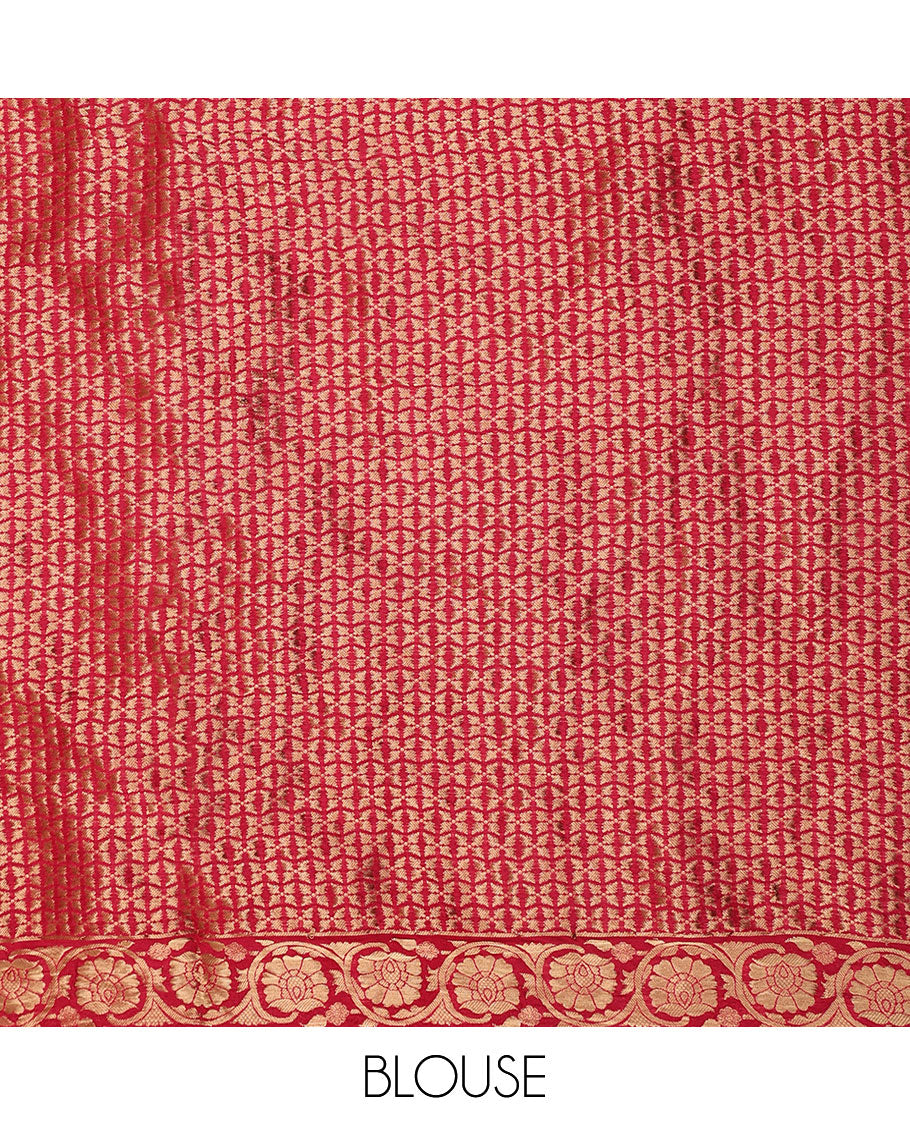 Red bandhani saree with zari buttas & bandhani dots, traditional design border & pallu of floral designs