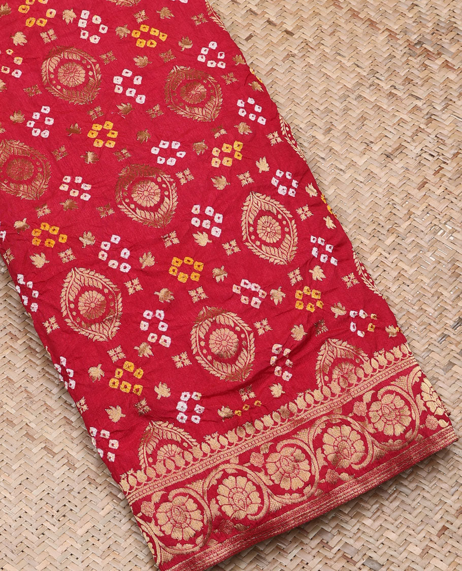 Red bandhani saree with zari buttas & bandhani dots, traditional design border & pallu of floral designs