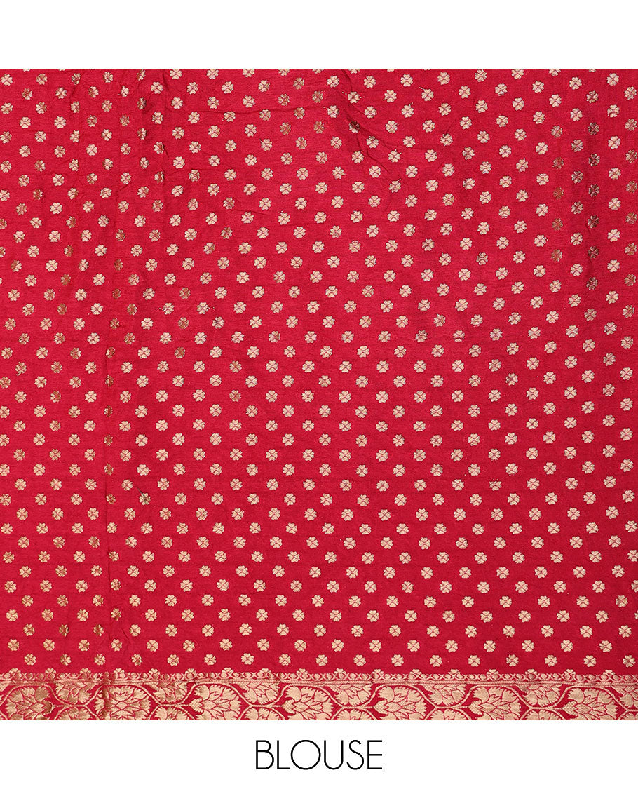 Red jaal design bandhani saree with bandhani dots, traditional design border & pallu of intricate designs