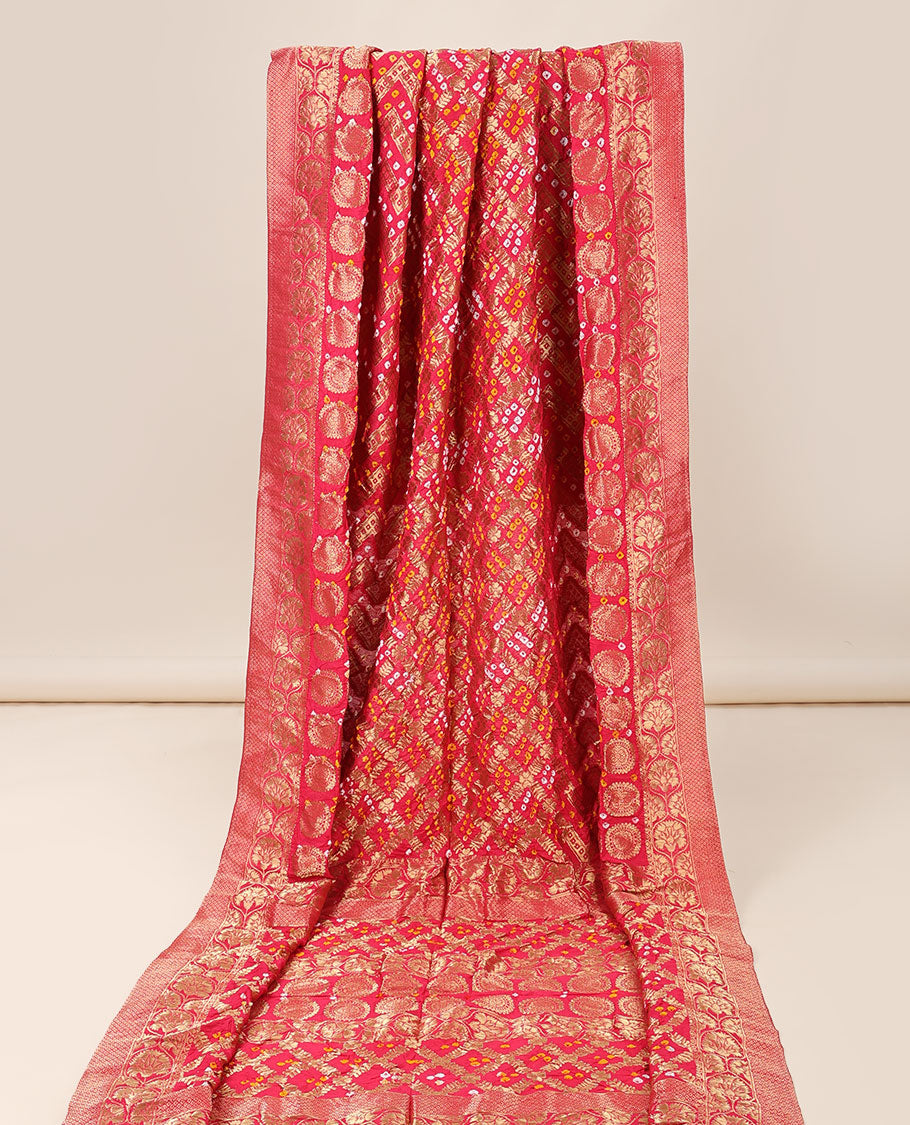 Red jaal design bandhani saree with bandhani dots, traditional design border & pallu of intricate designs