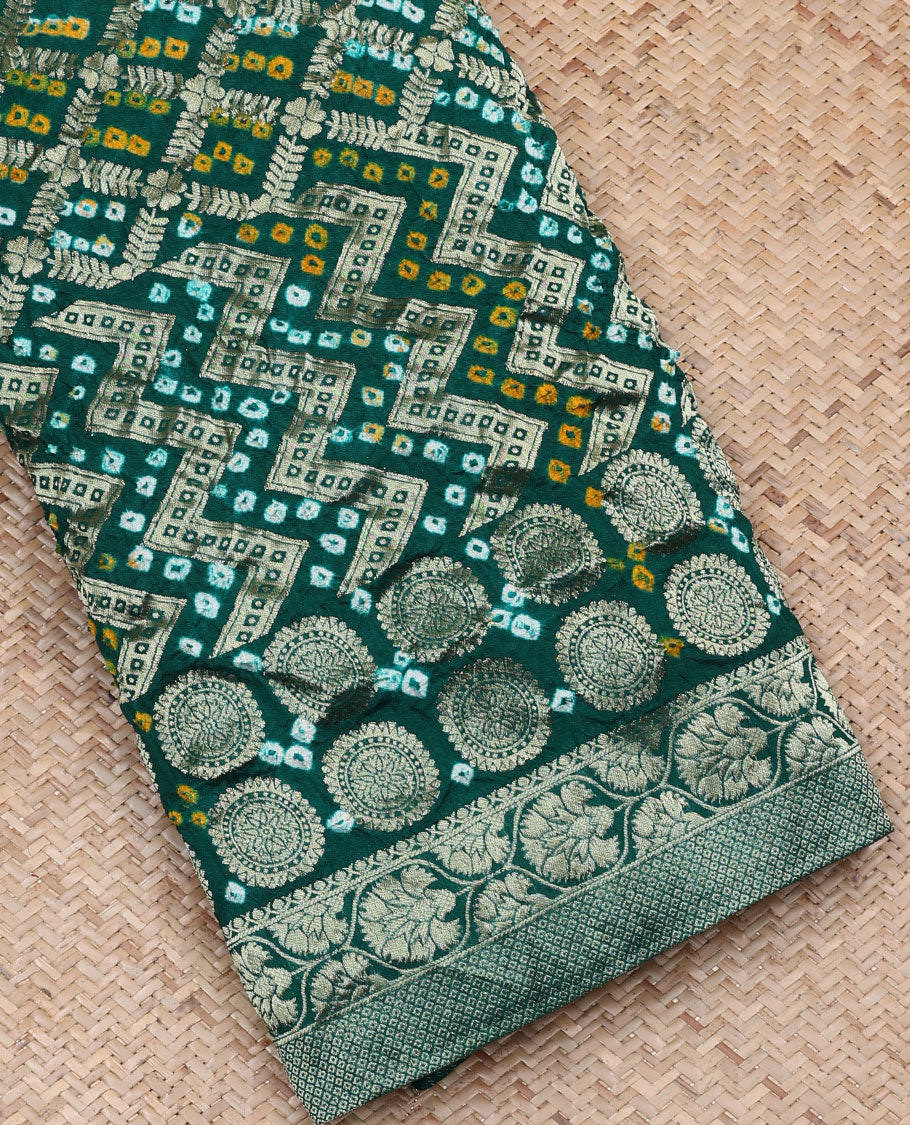 Green jaal design bandhani saree with bandhani dots, traditional design border & pallu of intricate designs