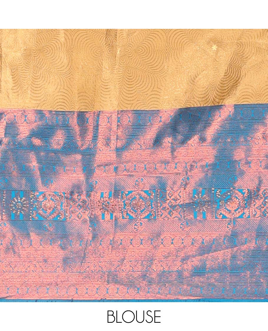 Gold jacquard art-silk half-saree,contrast zari design blouse,traditional design & stonework border & intricate dupatta