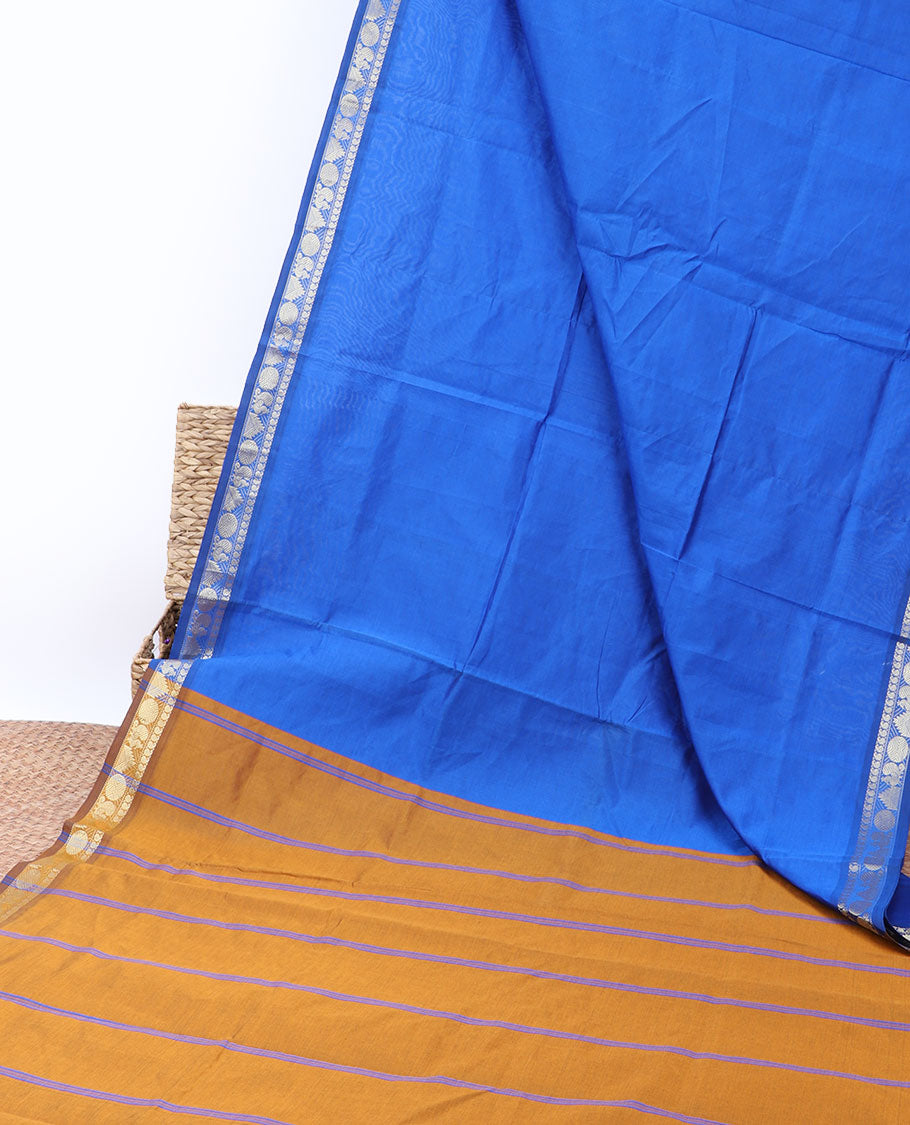 Blue plain design cotton saree, traditional zari border & contrast pallu of stripes