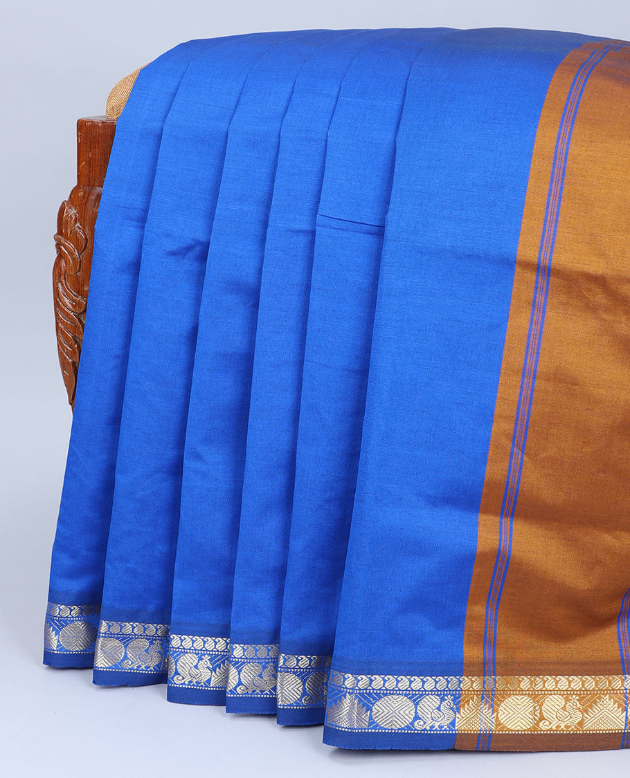 Blue plain design cotton saree, traditional zari border & contrast pallu of stripes