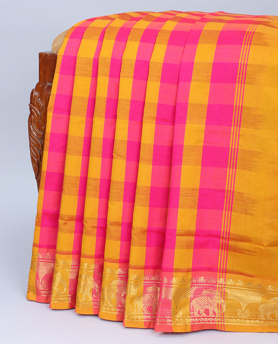 Multi-color checked cotton saree, elephant motifs zari border & pallu of zari stripes