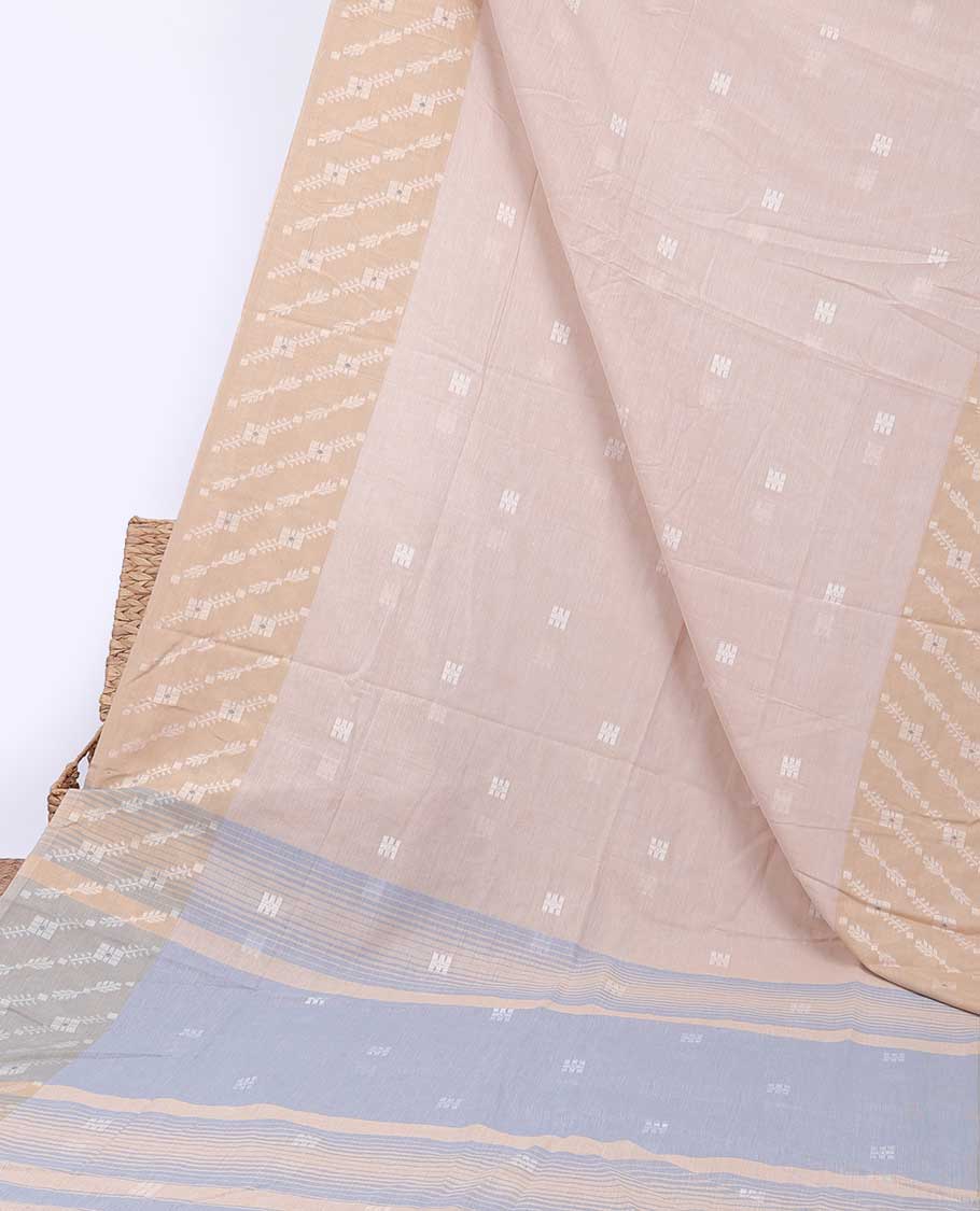 Sandal khadi cotton saree with all-over buttas, intricate design border & contrast pallu of stripes & buttas