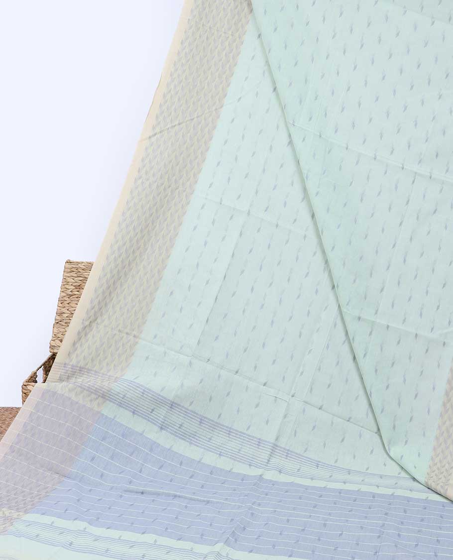 Pale green khadi cotton saree with all-over buttas, geometric patterned border & pallu of stripes & buttas