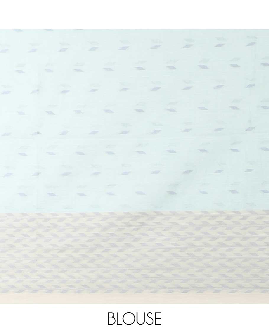 Pale green khadi cotton saree with all-over buttas, geometric patterned border & pallu of stripes & buttas