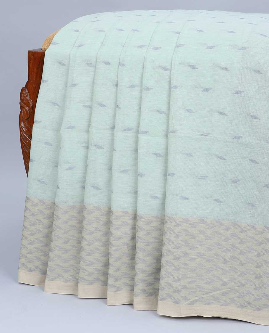 Pale green khadi cotton saree with all-over buttas, geometric patterned border & pallu of stripes & buttas