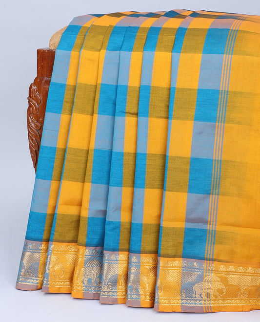 Multi-color checked design cotton saree, elephant motifs zari border & pallu of stripes
