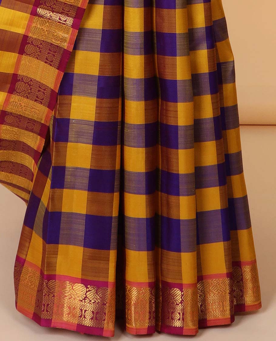 Multi-color checked kancheepuram silksaree, zari border of mayil,muthu,kathir & poun & contrast zari design pallu