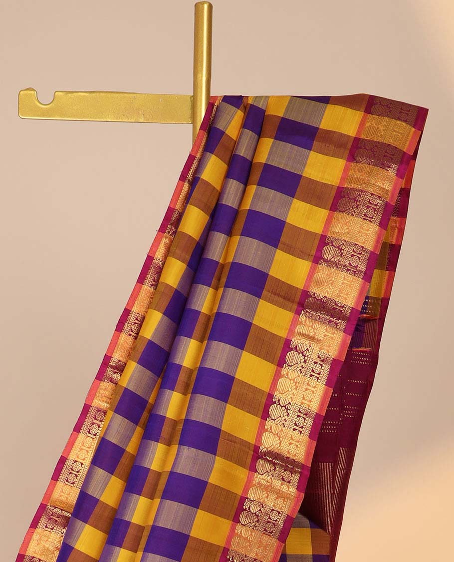 Multi-color checked kancheepuram silksaree, zari border of mayil,muthu,kathir & poun & contrast zari design pallu