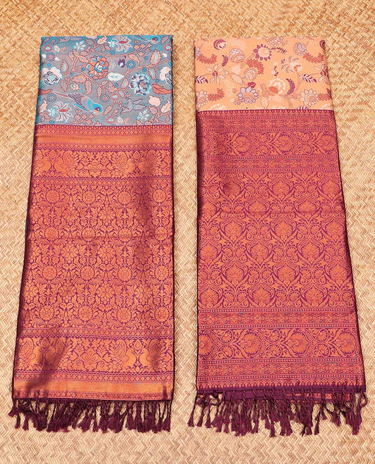 Pack of 2 combo litchi sarees, blue & orange floral vine sarees with contrast intricately designed zari pallu