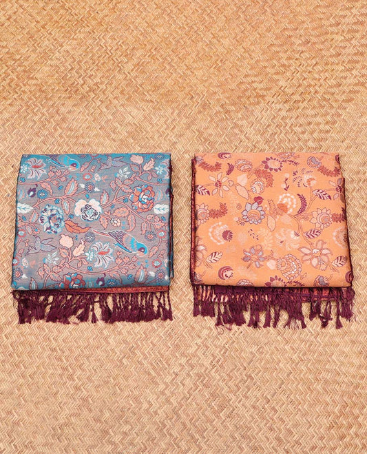 Pack of 2 combo litchi sarees, blue & orange floral vine sarees with contrast intricately designed zari pallu
