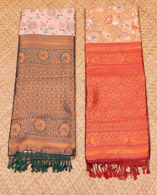 Pack of 2 combo litchi sarees, peach & orange floral vine sarees with contrast intricately designed zari pallu