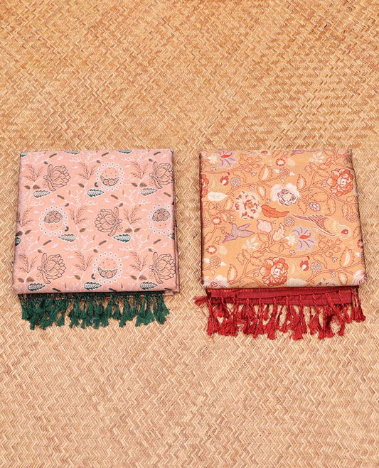 Pack of 2 combo litchi sarees, peach & orange floral vine sarees with contrast intricately designed zari pallu