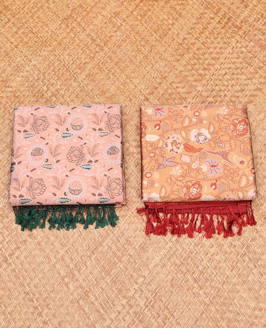 Pack of 2 combo litchi sarees, peach & orange floral vine sarees with contrast intricately designed zari pallu