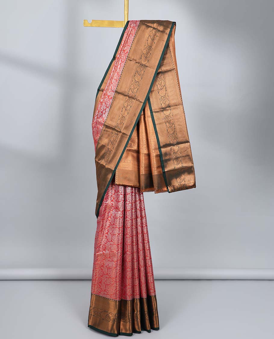 Orange jacquard budget silk saree, contrast traditional zari design border & intricate jaal pallu