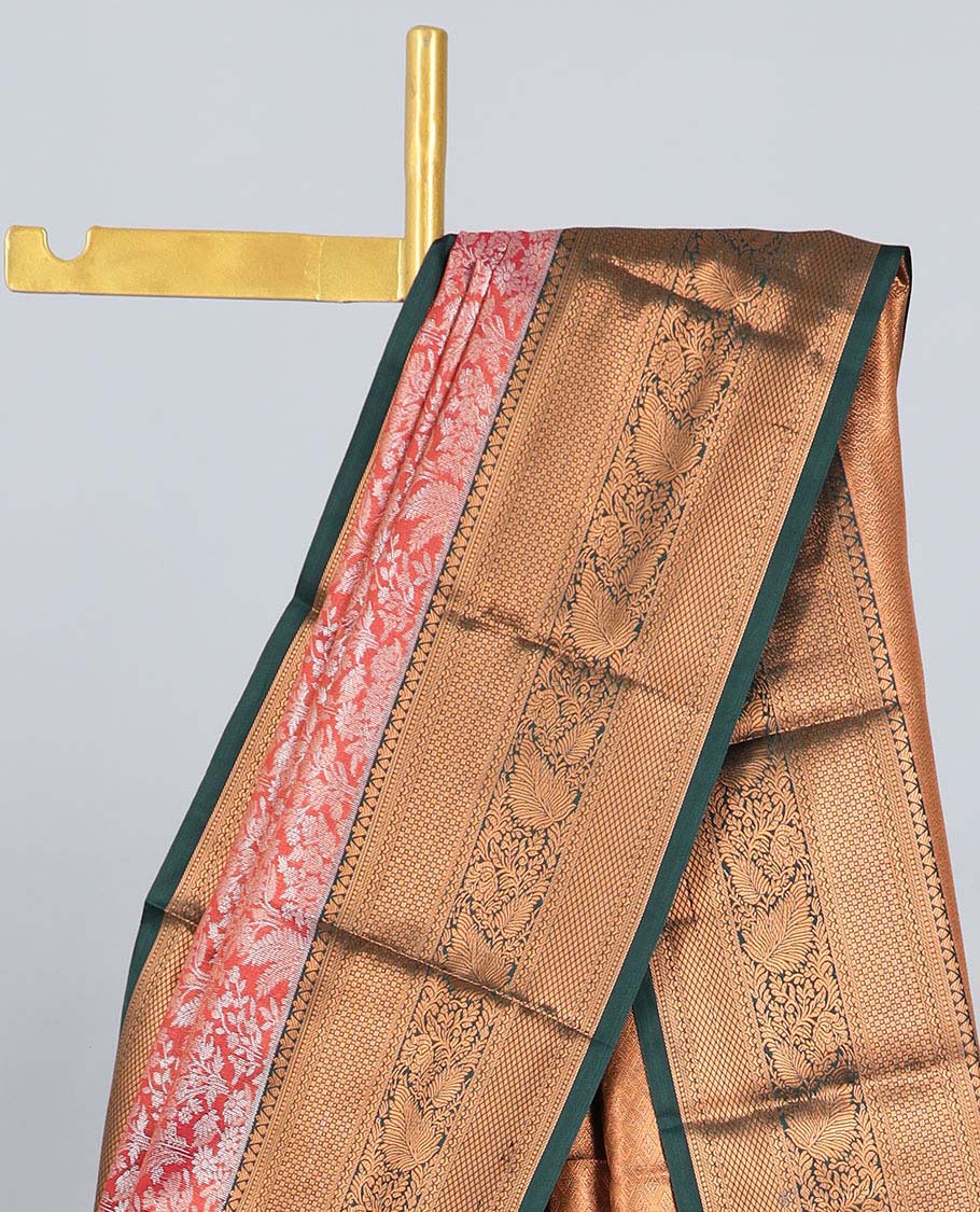 Orange jacquard budget silk saree, contrast traditional zari design border & intricate jaal pallu