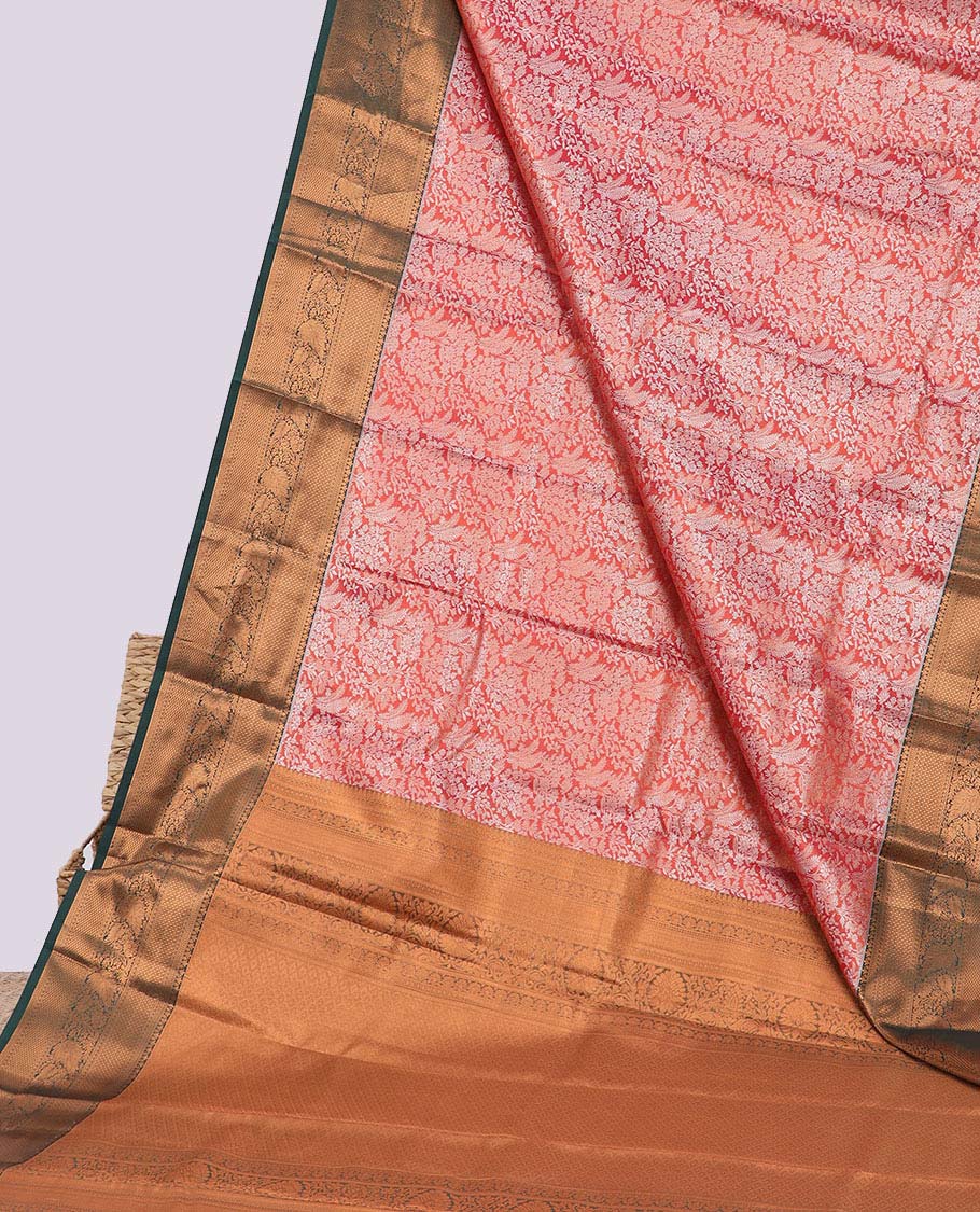 Orange jacquard budget silk saree, contrast traditional zari design border & intricate jaal pallu