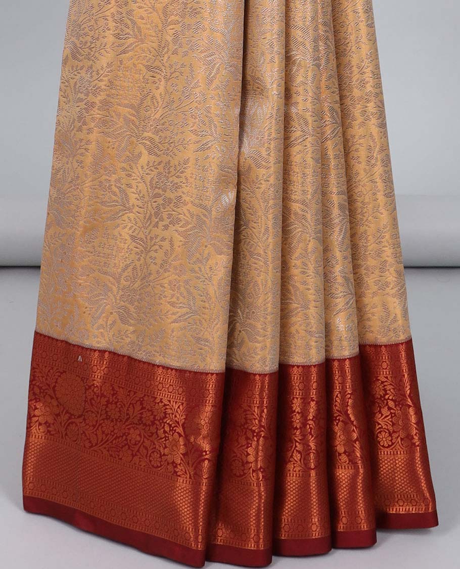 Sandal jacquard budget silk saree, contrast traditional zari design border & intricate pallu