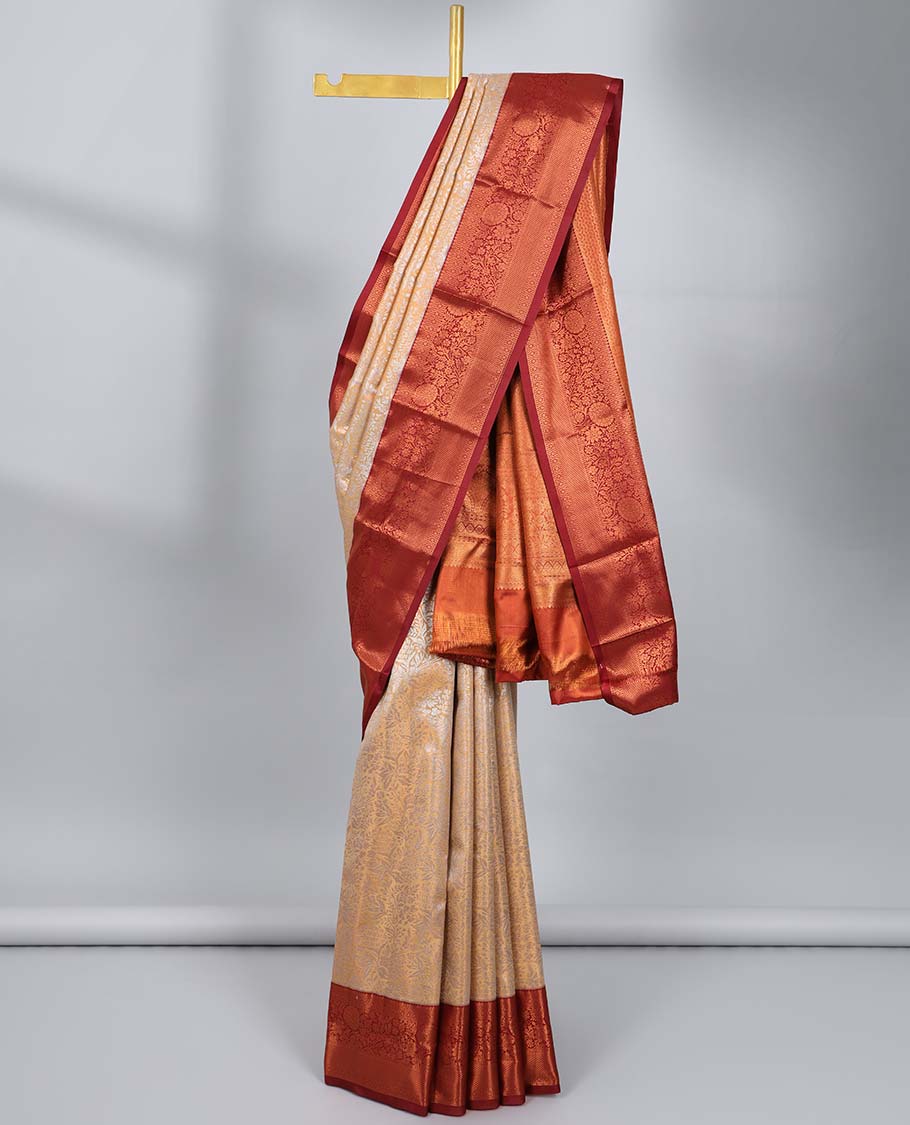 Sandal jacquard budget silk saree, contrast traditional zari design border & intricate pallu