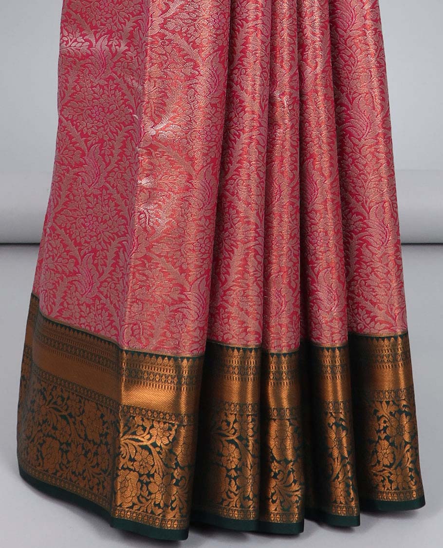 Pink jacquard budget silk saree, contrast traditional zari design border & ogee patterned pallu