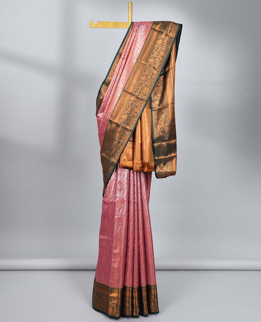 Pink jacquard budget silk saree, contrast traditional zari design border & ogee patterned pallu