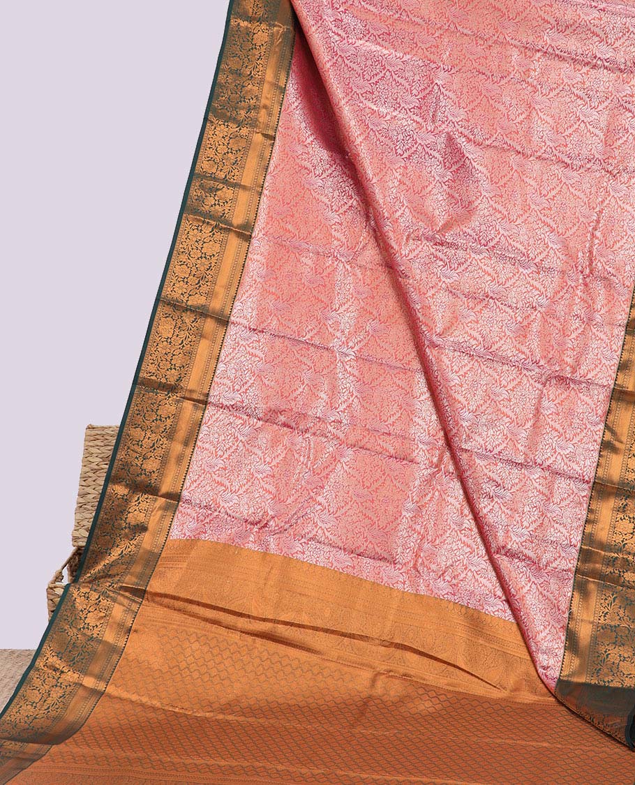Pink jacquard budget silk saree, contrast traditional zari design border & ogee patterned pallu