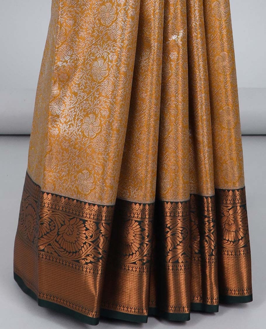 Yellow jacquard budget silk saree, contrast traditional zari design border & geometric patterned pallu