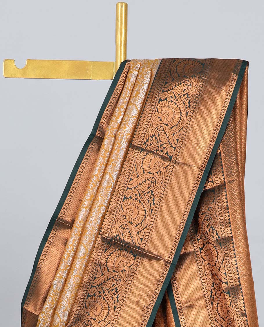 Yellow jacquard budget silk saree, contrast traditional zari design border & geometric patterned pallu