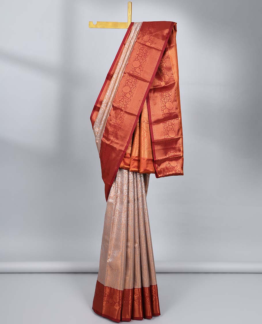 Pale brown jacquard budget silk saree, contrast traditional zari design border & ogee patterned pallu