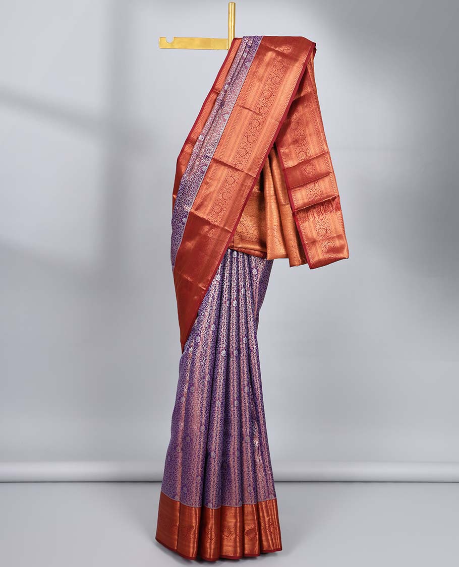 Violet jacquard budget silk saree, contrast traditional zari design border & intricate pallu
