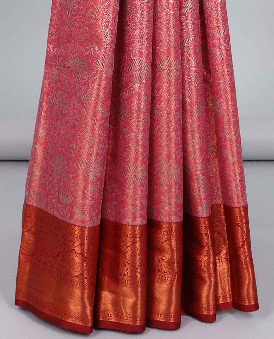 Pink jacquard budget silk saree, contrast traditional zari design border & jaal pallu