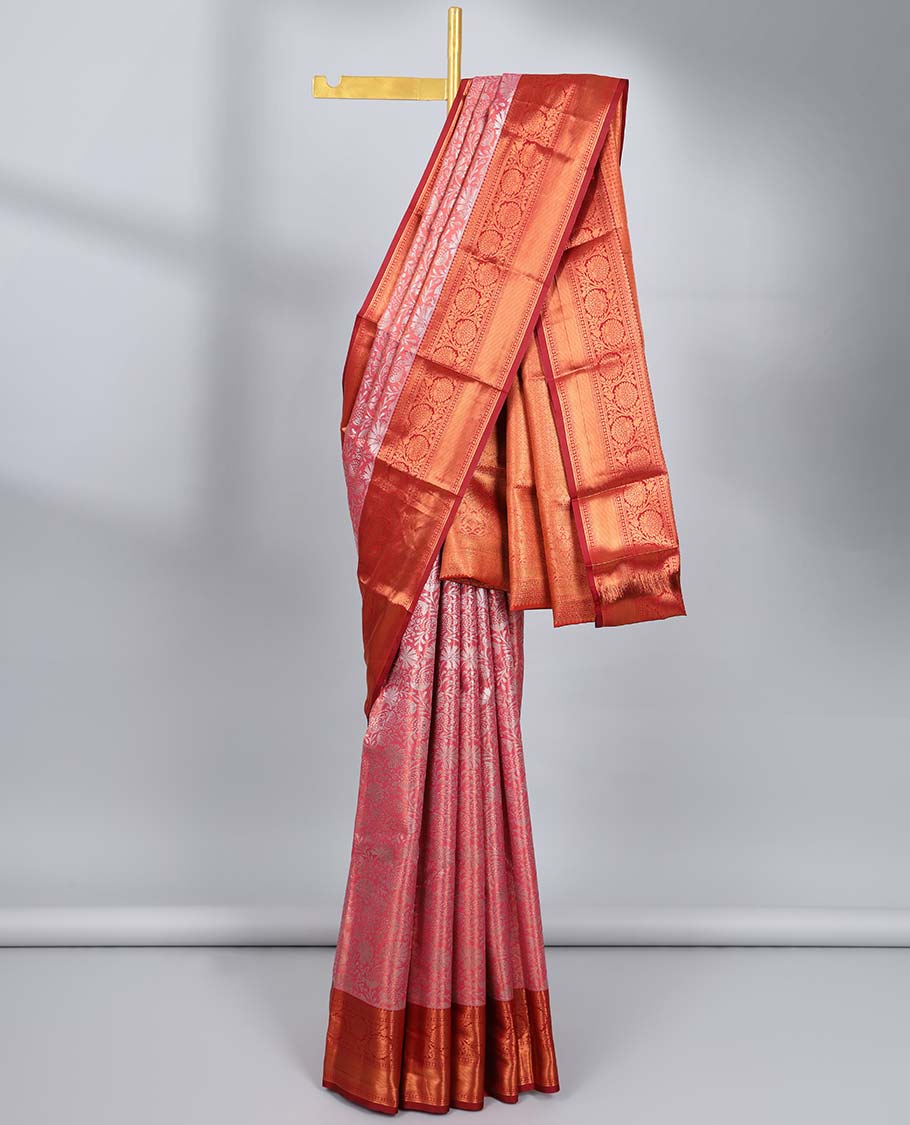 Pink jacquard budget silk saree, contrast traditional zari design border & jaal pallu