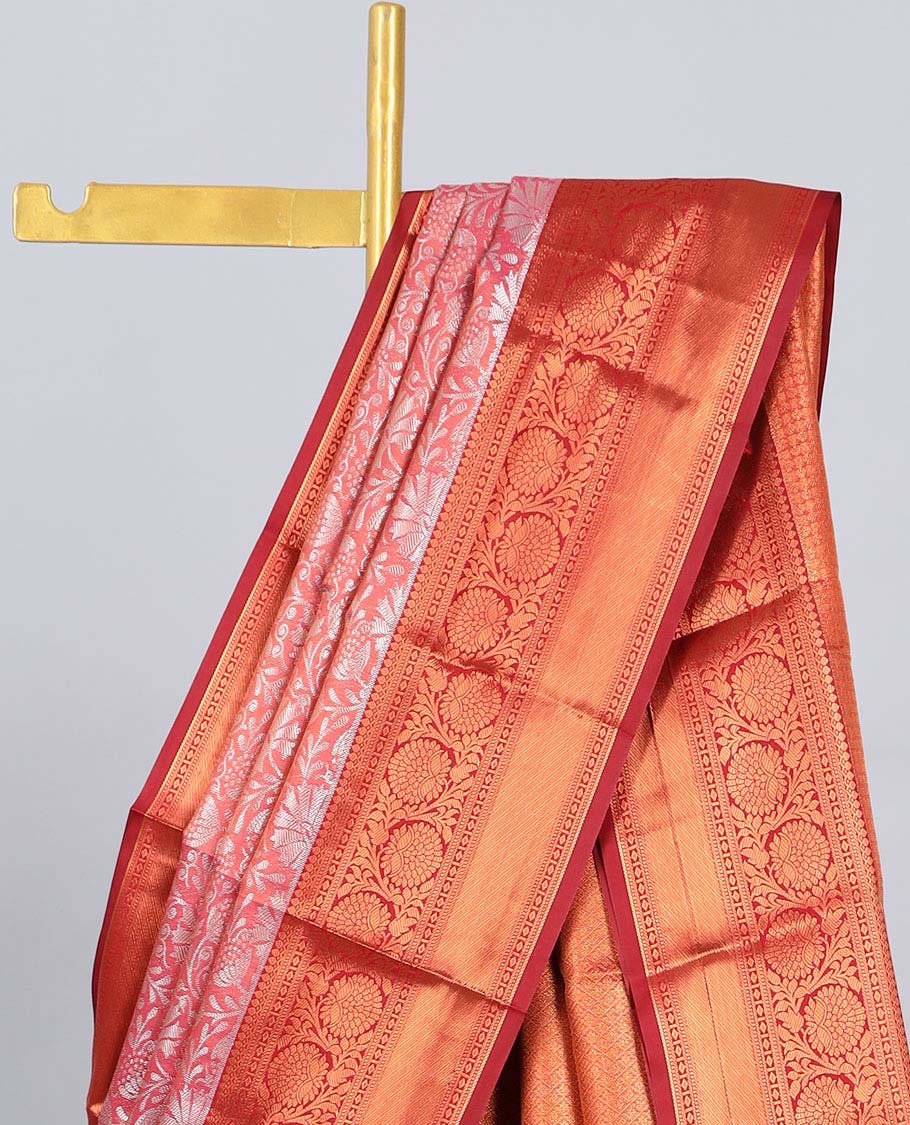 Pink jacquard budget silk saree, contrast traditional zari design border & jaal pallu