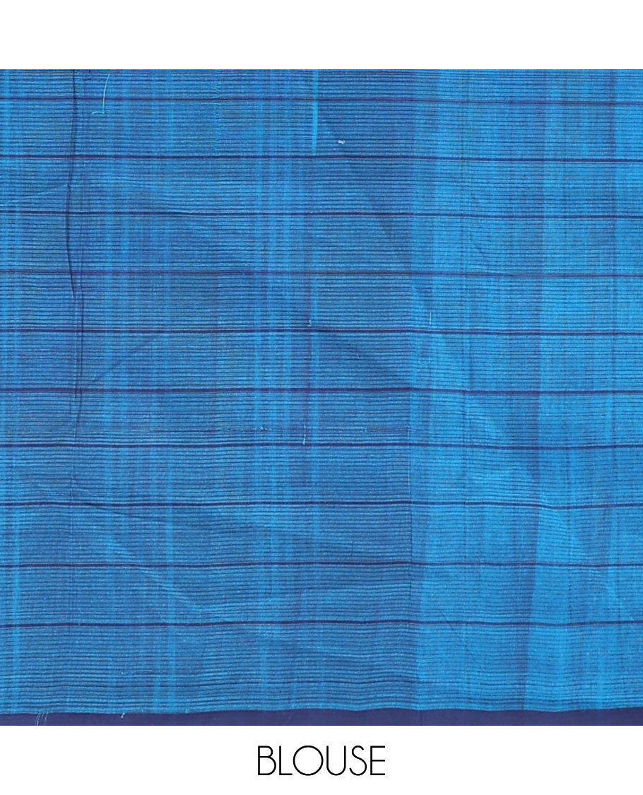 Blue checked mangalgiri cotton saree, contrast border & pallu of stripes